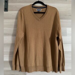Club Room Men’s V-Neck Sweater in Camel Brown Merino Wool Blend XL